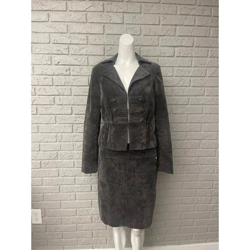 Chelsea & Theodore Women Dark Gray Corduroy Skirt Jacket Set Size 8